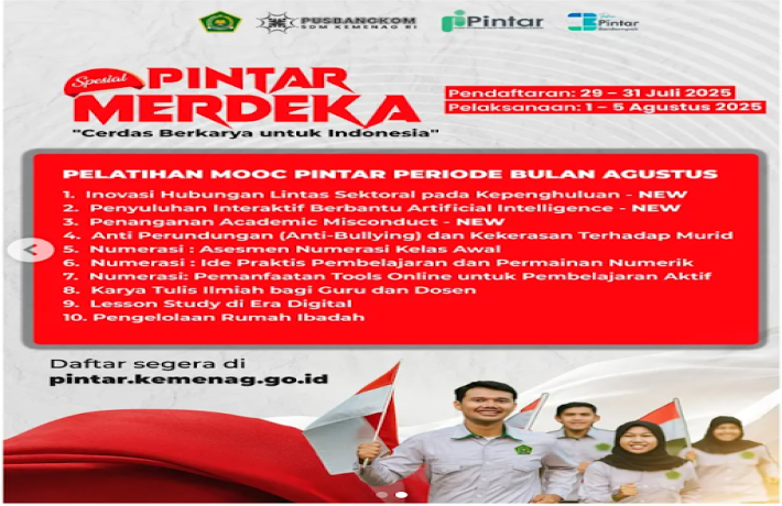 Pelatihan Di Pintar Kemenag Periode Daftar 29 sd 31 Juli 2025 Pelaksanaan  01 sd 05 Agustus 